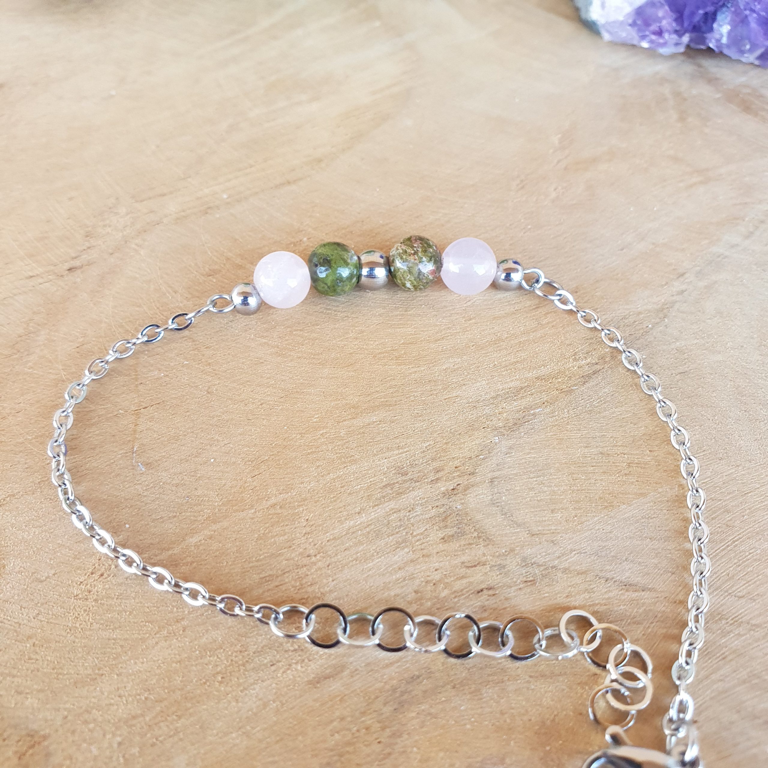 Bracelet fin en épidote unakite et quartz rose Albane La Voie Minérale